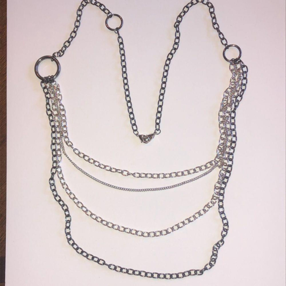 Silver Tone & Dark Metal Boho Multi Strand Long Statement Necklace
